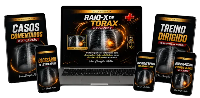 Mockup completo com todos os entregáveis do GUIA PRÁTICO do Raio-X de Tórax no Plantão